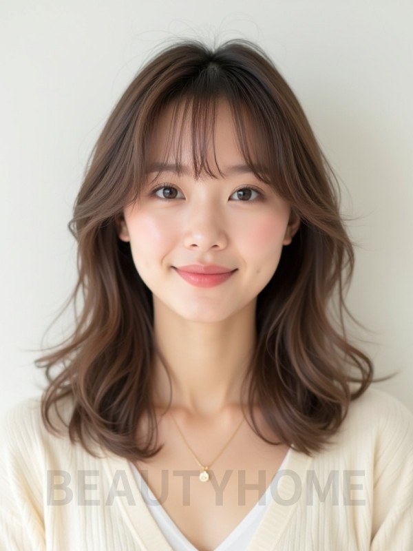 그레ige 브라운 미디엄 레이어+시스루뱅