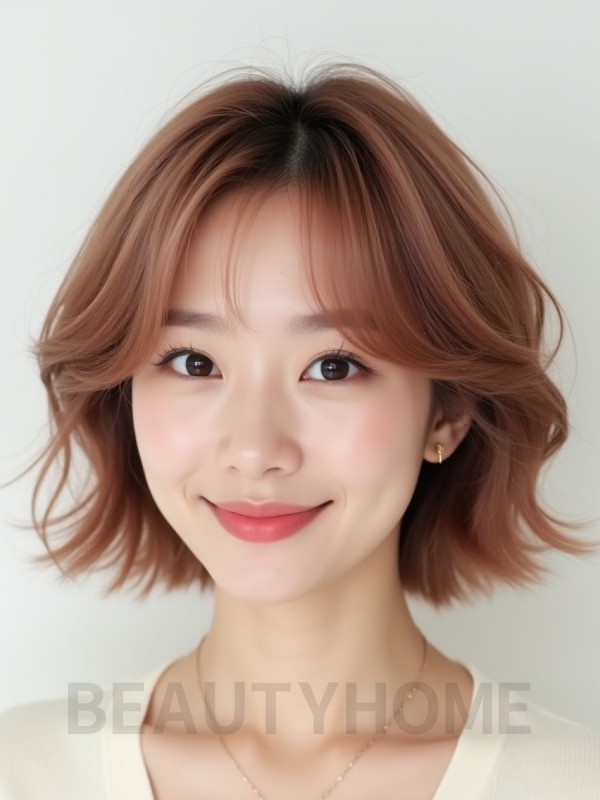 로즈 브라운 턱선 컬 단발+사이드뱅