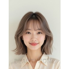 토프 브라운 턱밑 웨이브 단발+사이드뱅