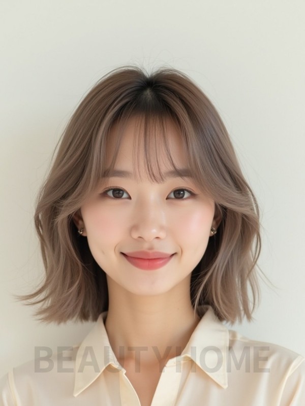 토프 브라운 턱밑 웨이브 단발+사이드뱅