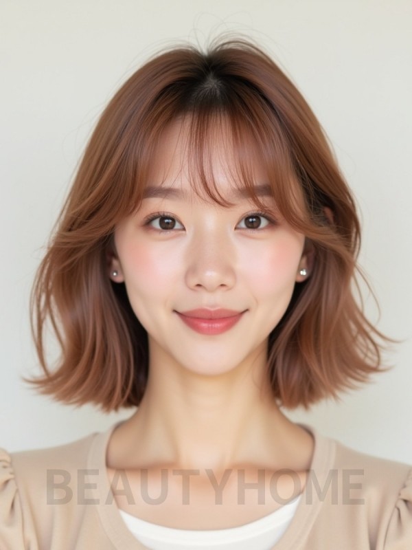로즈 브라운 어깨 인버티드 단발+시스루뱅