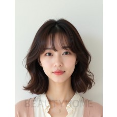 초콜릿 브라운 턱선 컬 단발+뱅