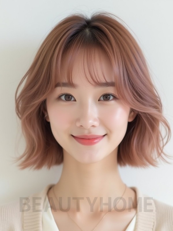 로즈 브라운 턱선 그라데이션 단발+커튼뱅