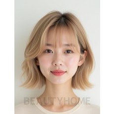 샌드 블론드 턱선 비대칭 단발+풀뱅