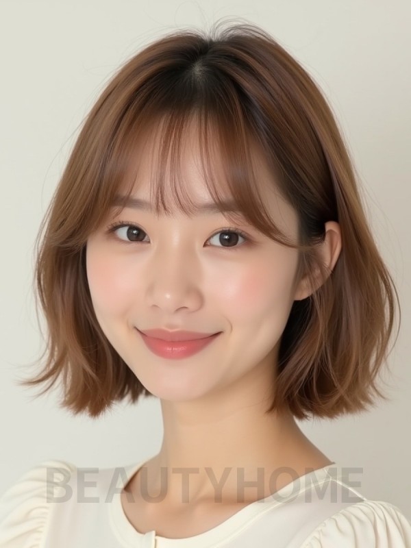 베이지 브라운 턱밑 인버티드 단발+커튼뱅