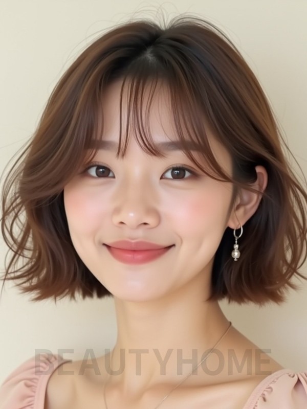 밀크티 브라운 쇄골 컬 단발+시스루뱅