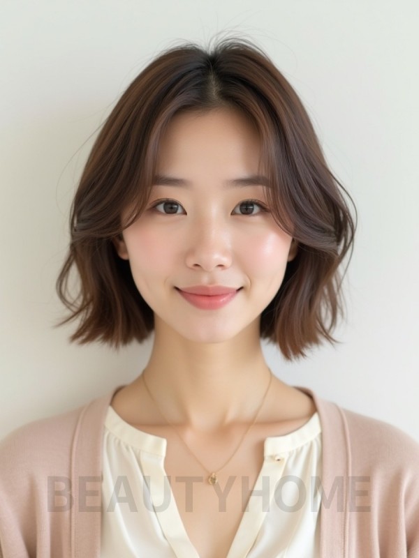그레ige 브라운 어깨 인버티드 단발+사이드뱅