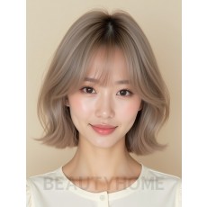 애쉬 베이지 턱선 스트레이트 단발+커튼뱅