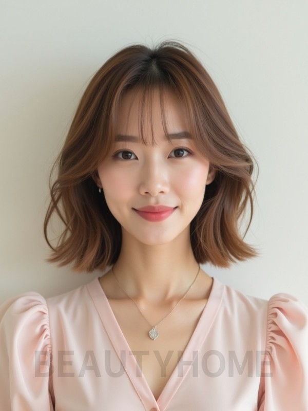 애쉬 베이지 어깨 텍스처 단발+사이드뱅