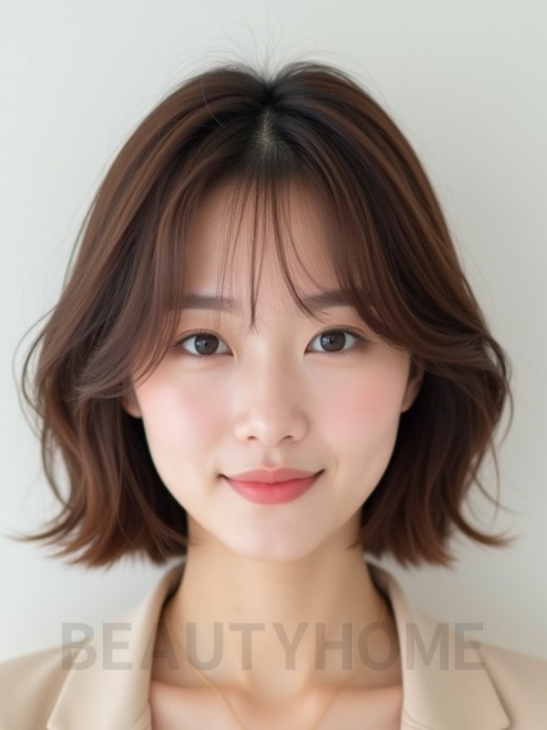 베이지 브라운 턱밑 텍스처 단발+시스루뱅