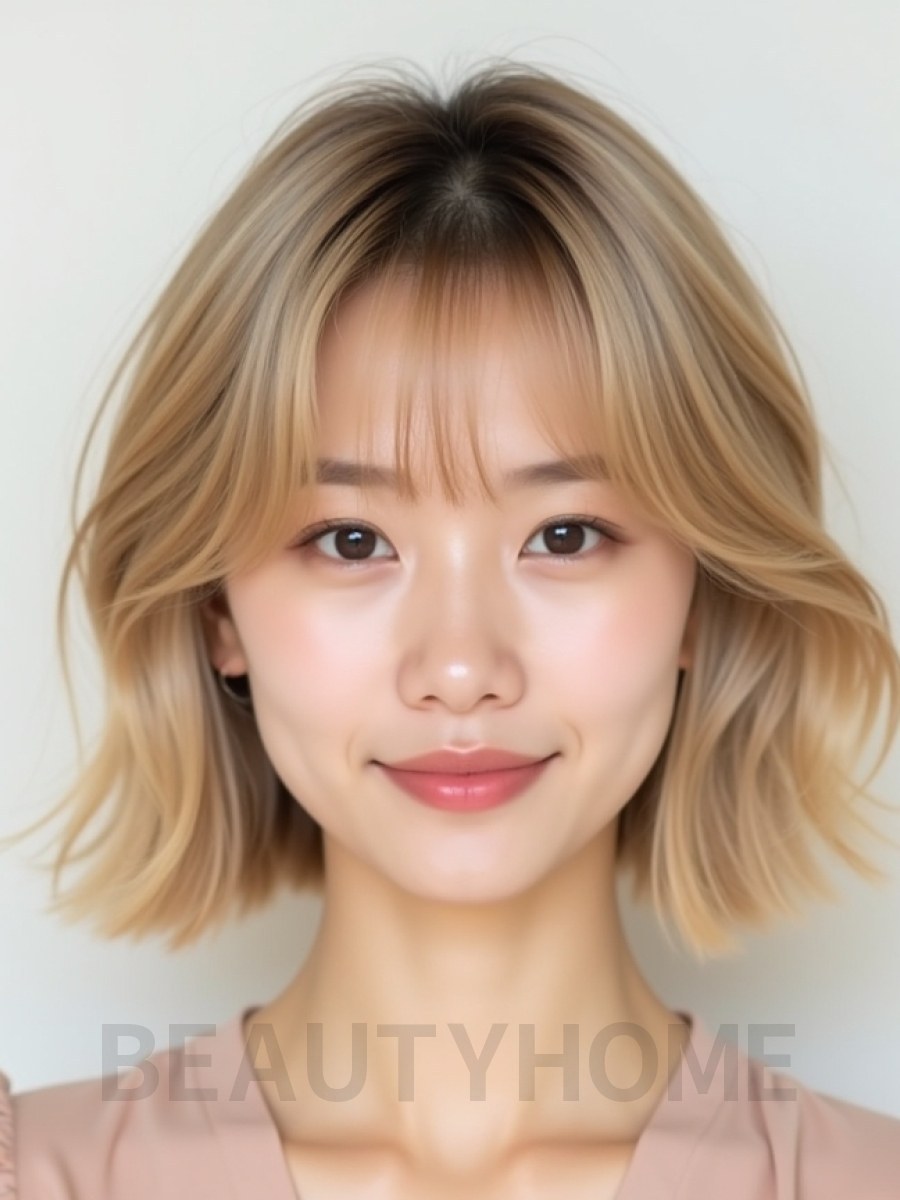 샌드 블론드 귀밑 블런트 단발+시스루뱅