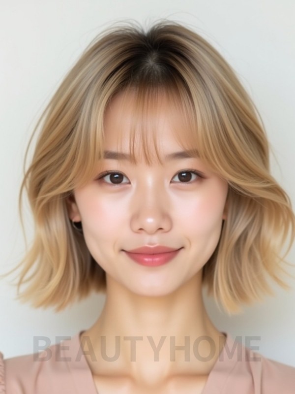 샌드 블론드 귀밑 블런트 단발+시스루뱅