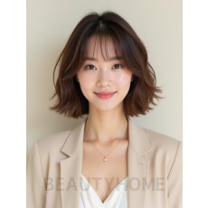 베이지 브라운 어깨 컬 단발+뱅