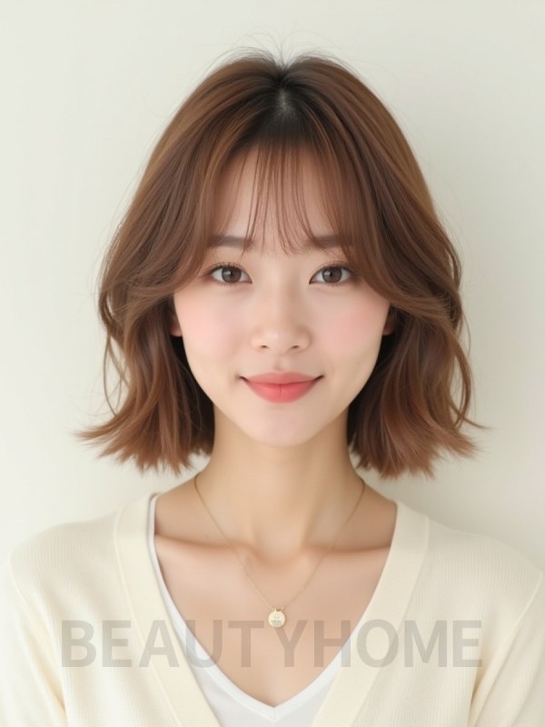 베이지 브라운 어깨 레이어드 단발+시스루뱅