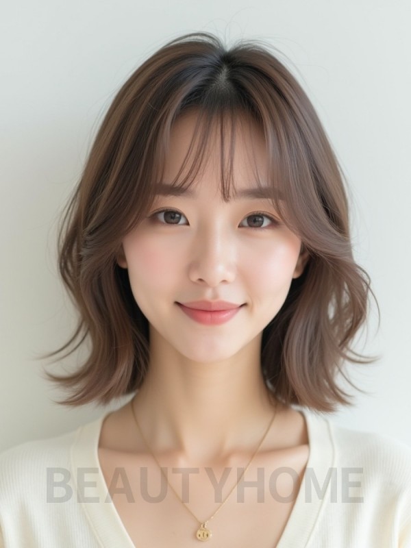 그레ige 브라운 어깨 그라데이션 단발+시스루뱅