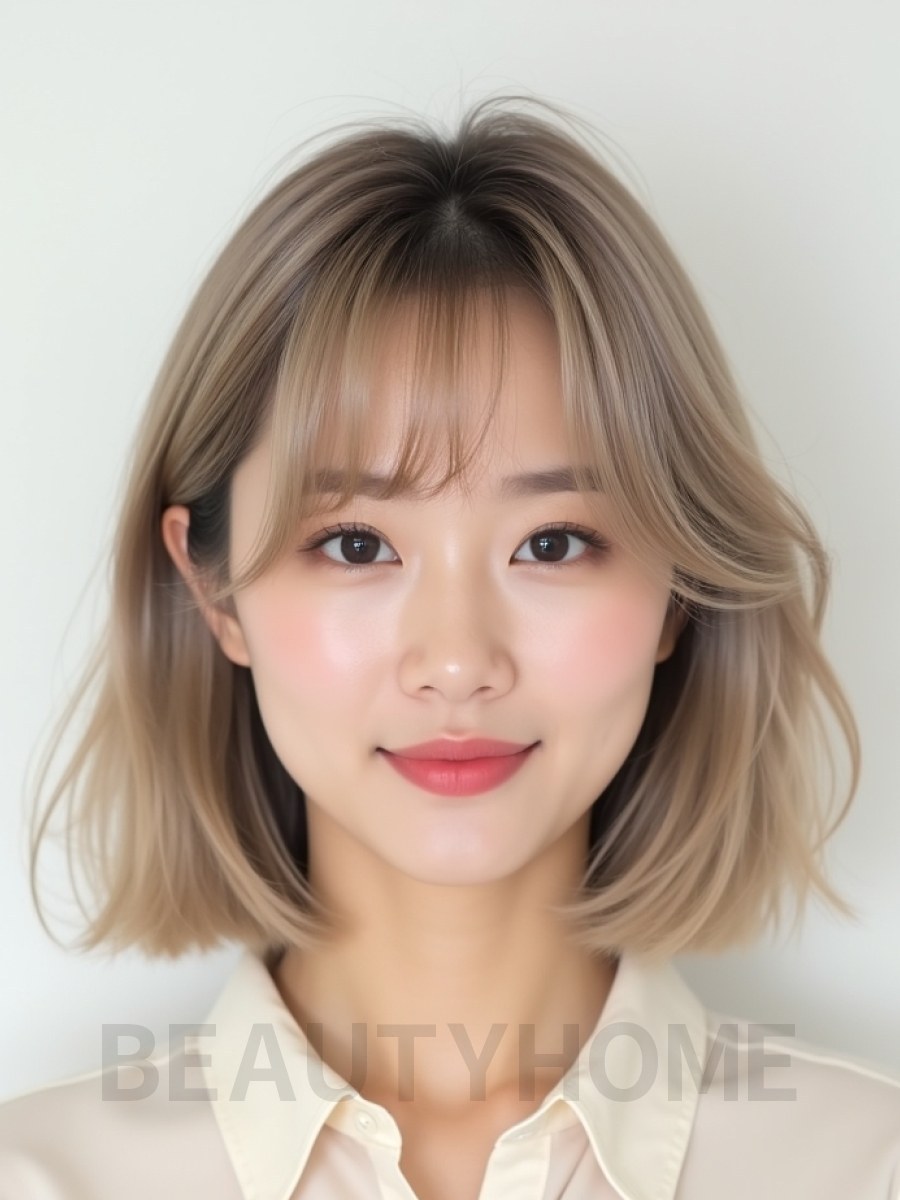 애쉬 베이지 어깨 그라데이션 단발+커튼뱅