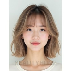 베이지 브라운 턱밑 스트레이트 단발+사이드뱅