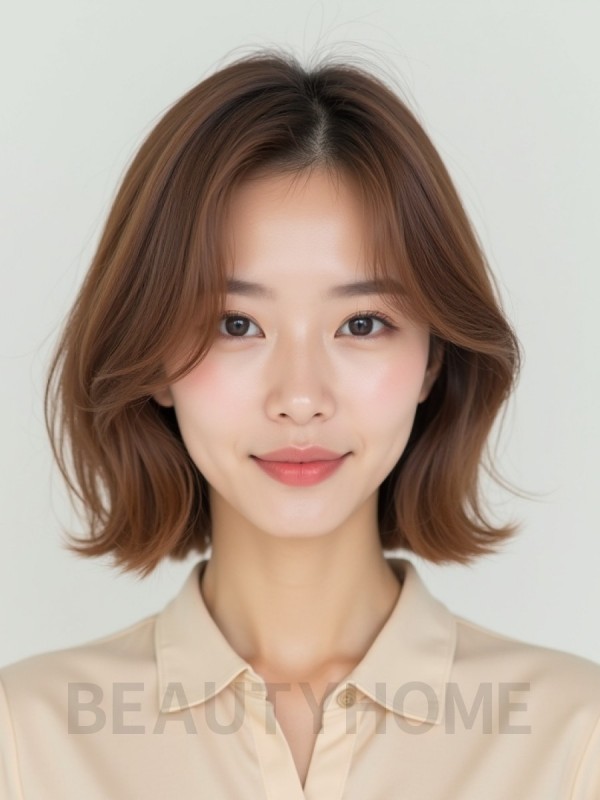 베이지 브라운 어깨 비대칭 단발+사이드뱅