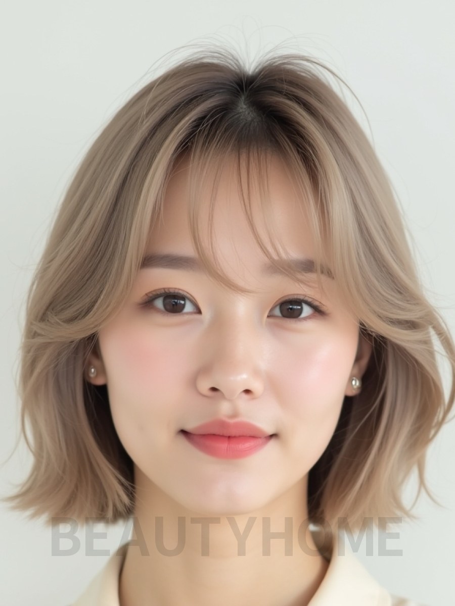 애쉬 베이지 쇄골 블런트 단발+뱅