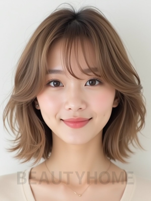 베이지 브라운 턱선 웨이브 단발+뱅