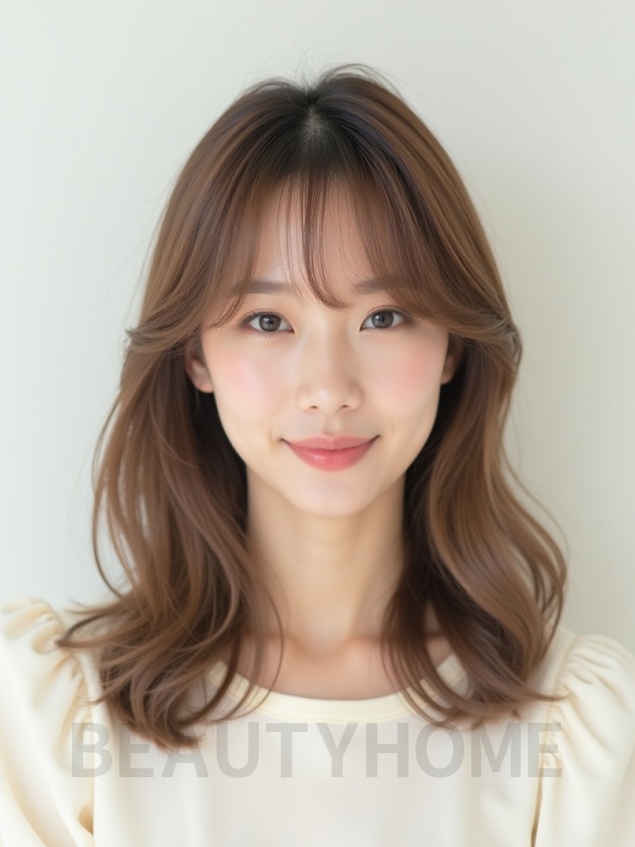 밀크티 브라운 쇄골 웨이브+시스루뱅