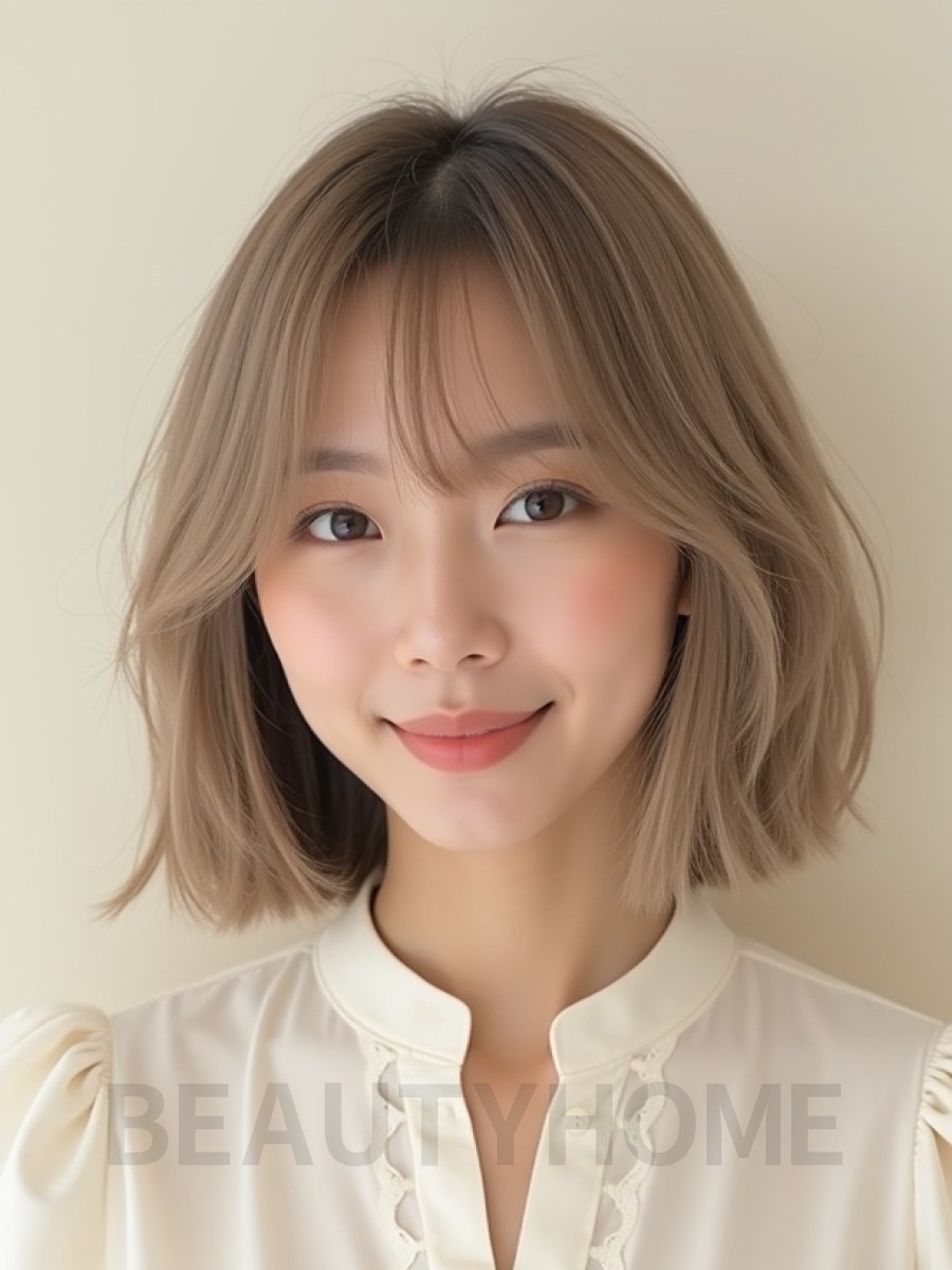 베이지 브라운 쇄골 스트레이트 단발+사이드뱅