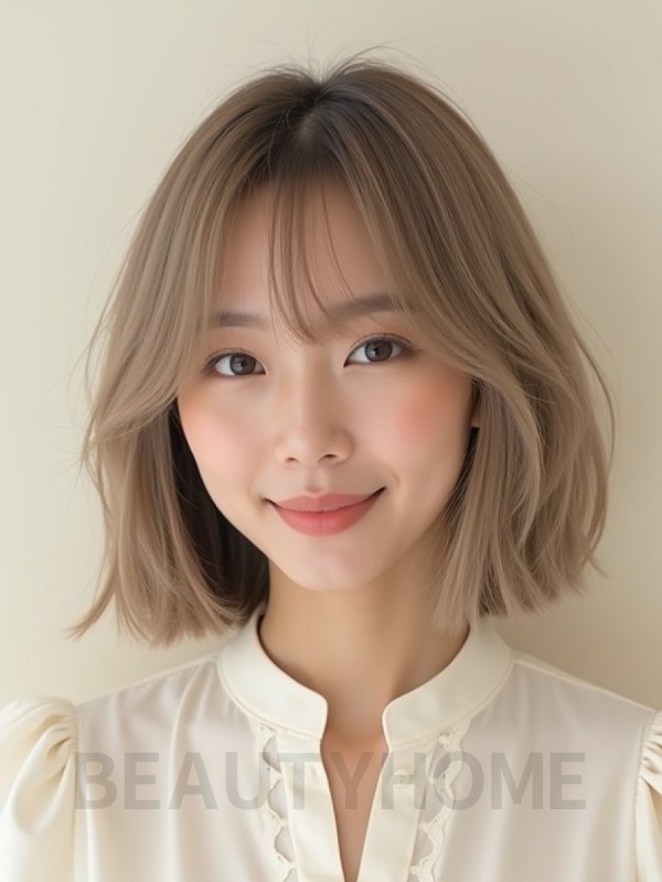베이지 브라운 쇄골 스트레이트 단발+사이드뱅
