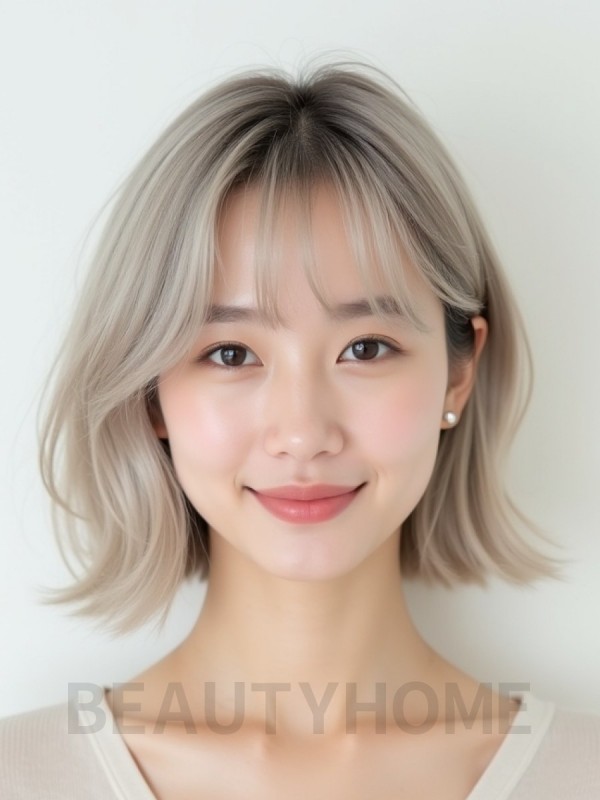 애쉬 블론드 귀밑 비대칭 단발+풀뱅