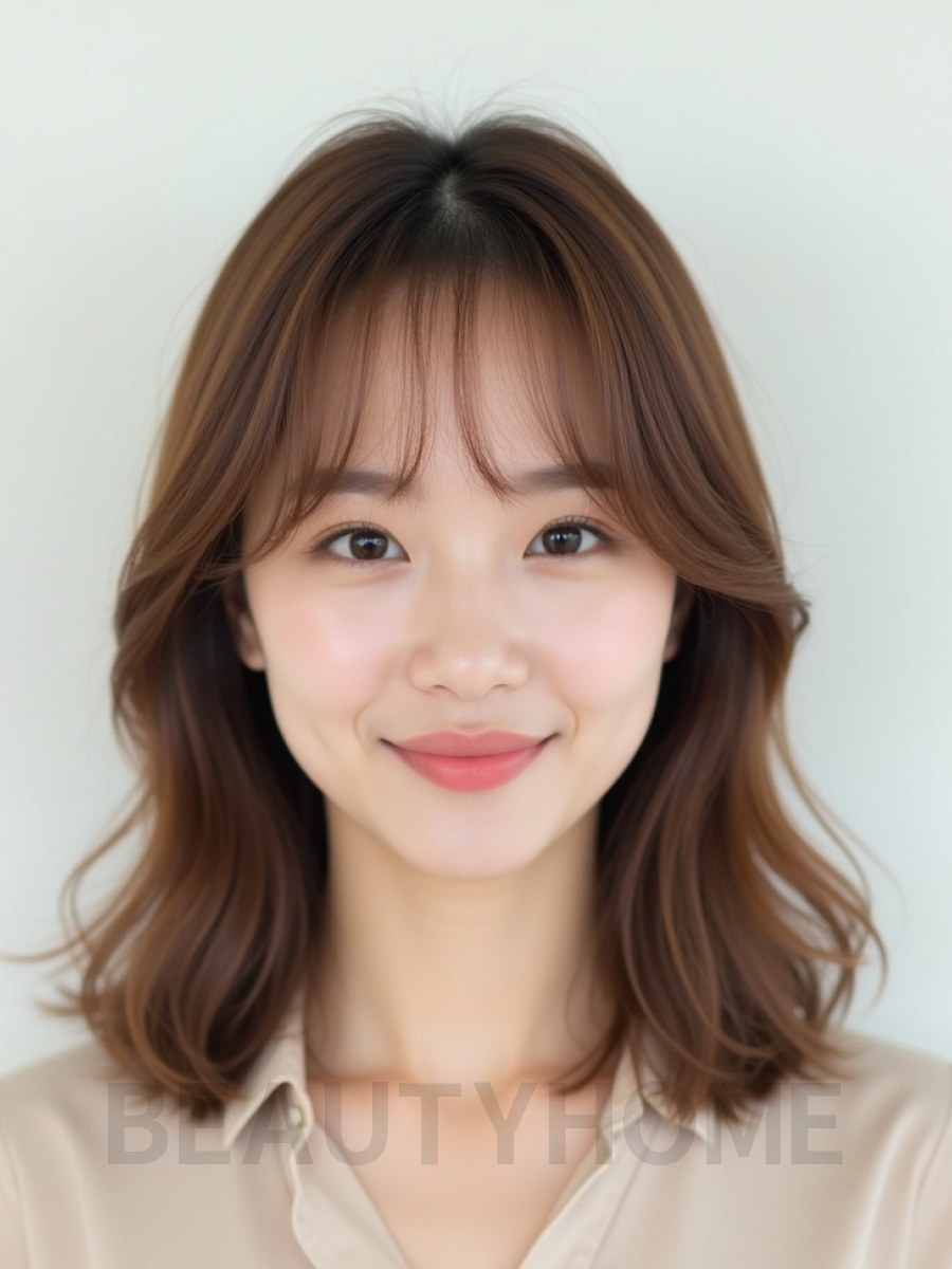 베이지 브라운 쇄골 웨이브+풀뱅