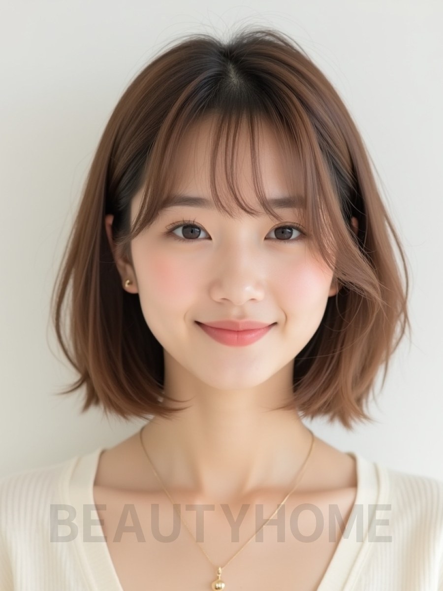 베이지 브라운 어깨 스트레이트 단발+시스루뱅