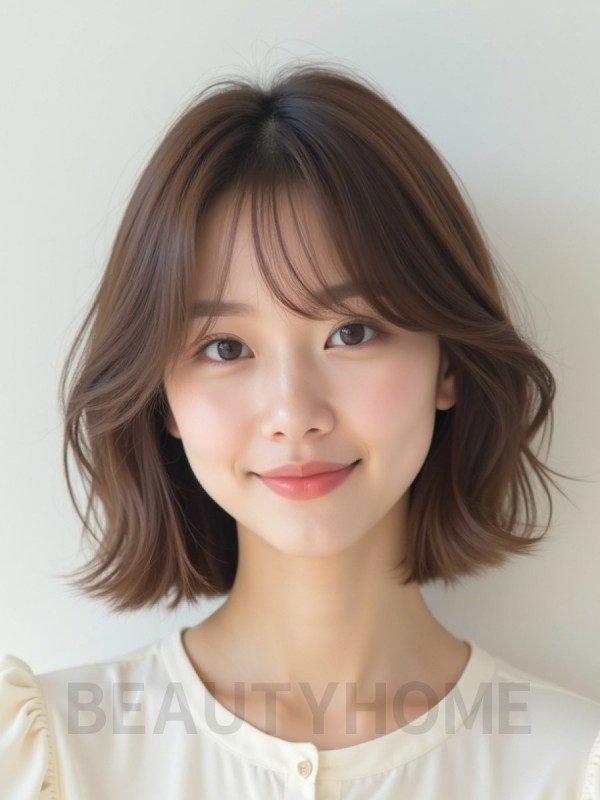 그레ige 브라운 쇄골 레이어드 단발+커튼뱅