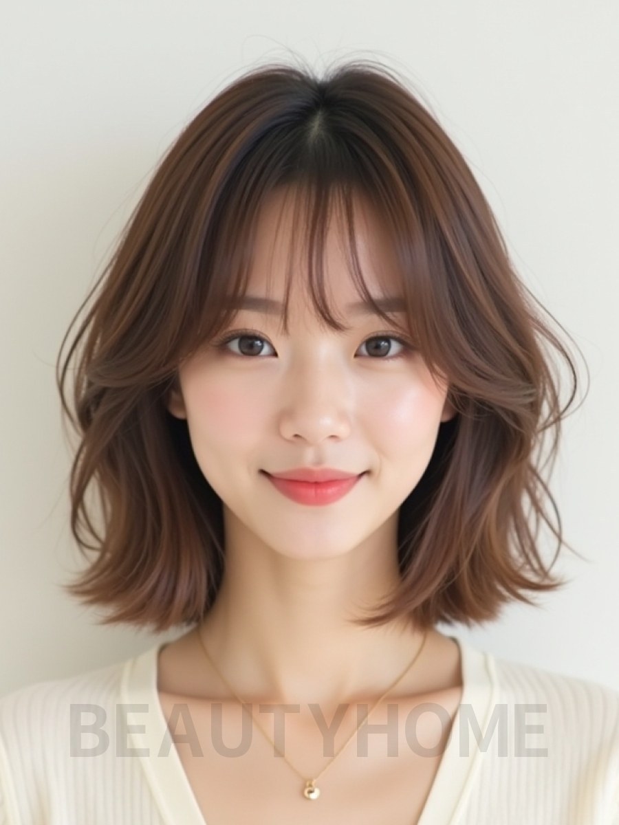 그레ige 브라운 귀밑 스트레이트 단발+뱅