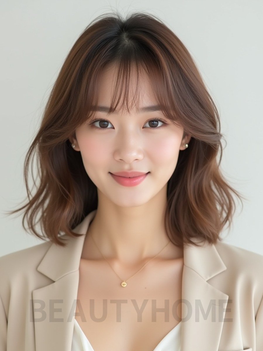 밀크티 브라운 어깨 웨이브 단발+커튼뱅