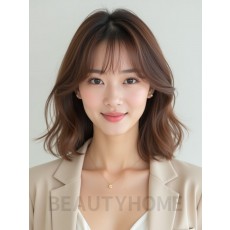 밀크티 브라운 어깨 웨이브 단발+커튼뱅