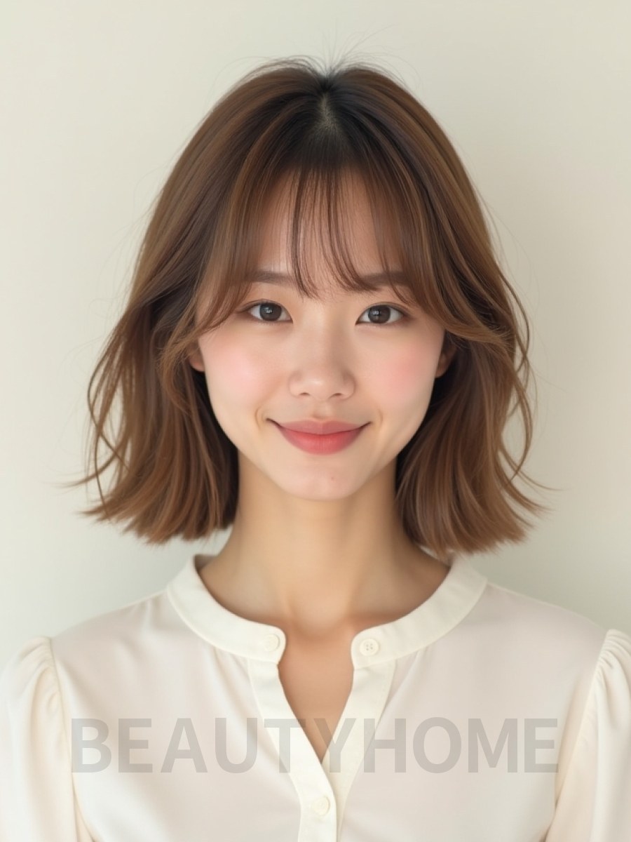 베이지 브라운 턱선 텍스처 단발+커튼뱅