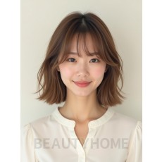 베이지 브라운 턱선 텍스처 단발+커튼뱅