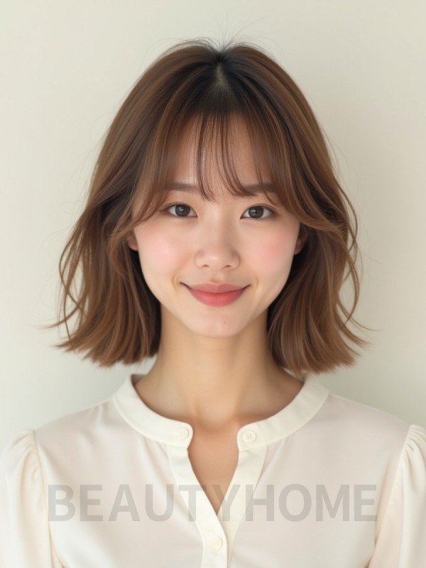 베이지 브라운 턱선 텍스처 단발+커튼뱅