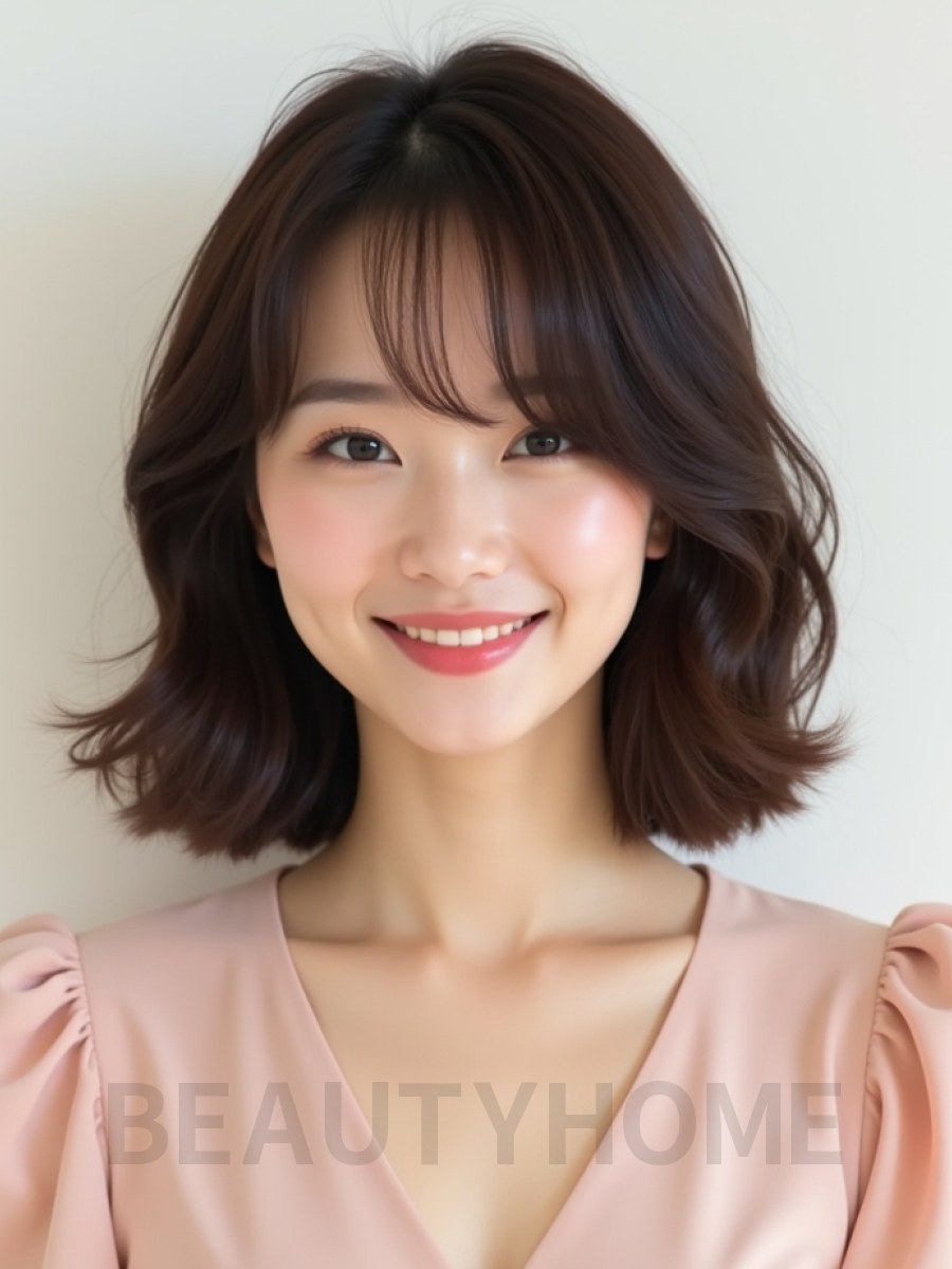 초콜릿 브라운 어깨 컬 단발+사이드뱅