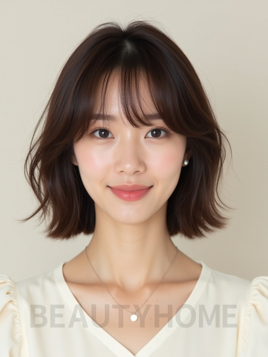 초콜릿 브라운 쇄골 스택 단발+커튼뱅
