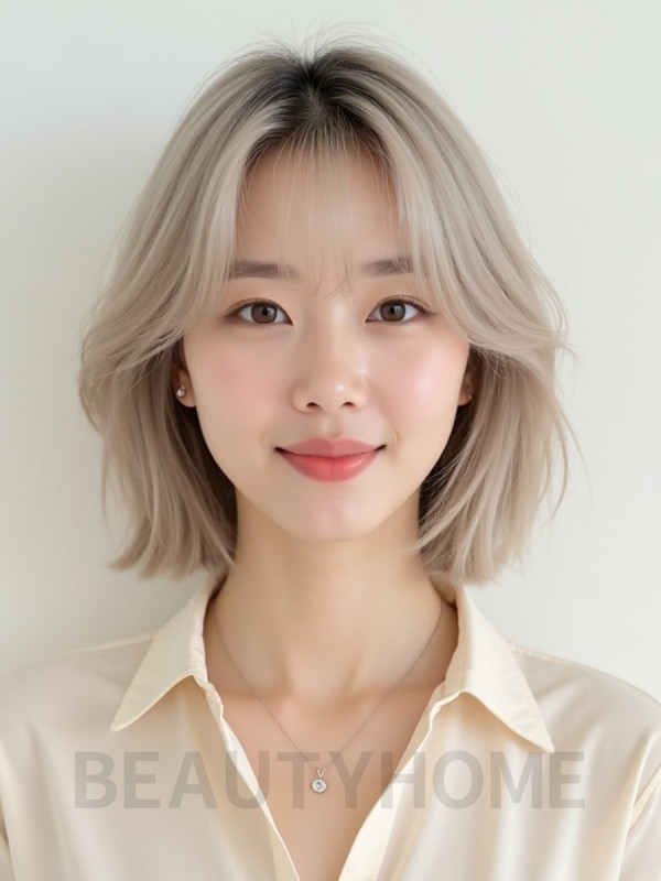 애쉬 블론드 턱밑 스택 단발+뱅