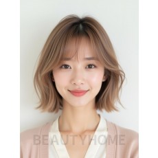 베이지 브라운 어깨 비대칭 단발+커튼뱅
