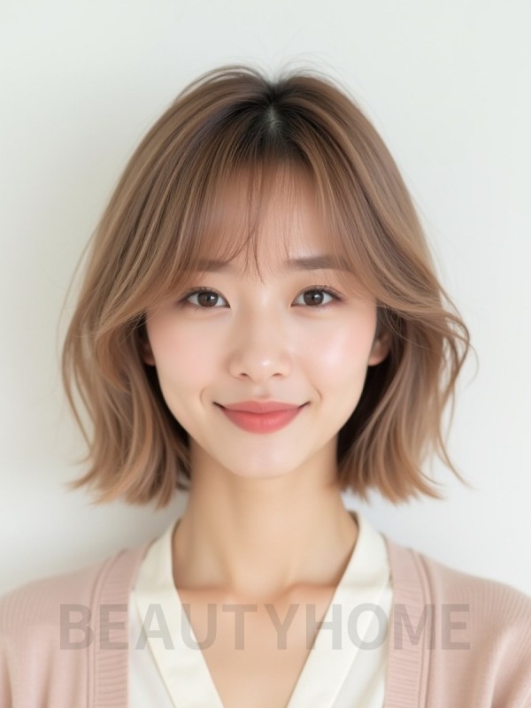 베이지 브라운 어깨 비대칭 단발+커튼뱅