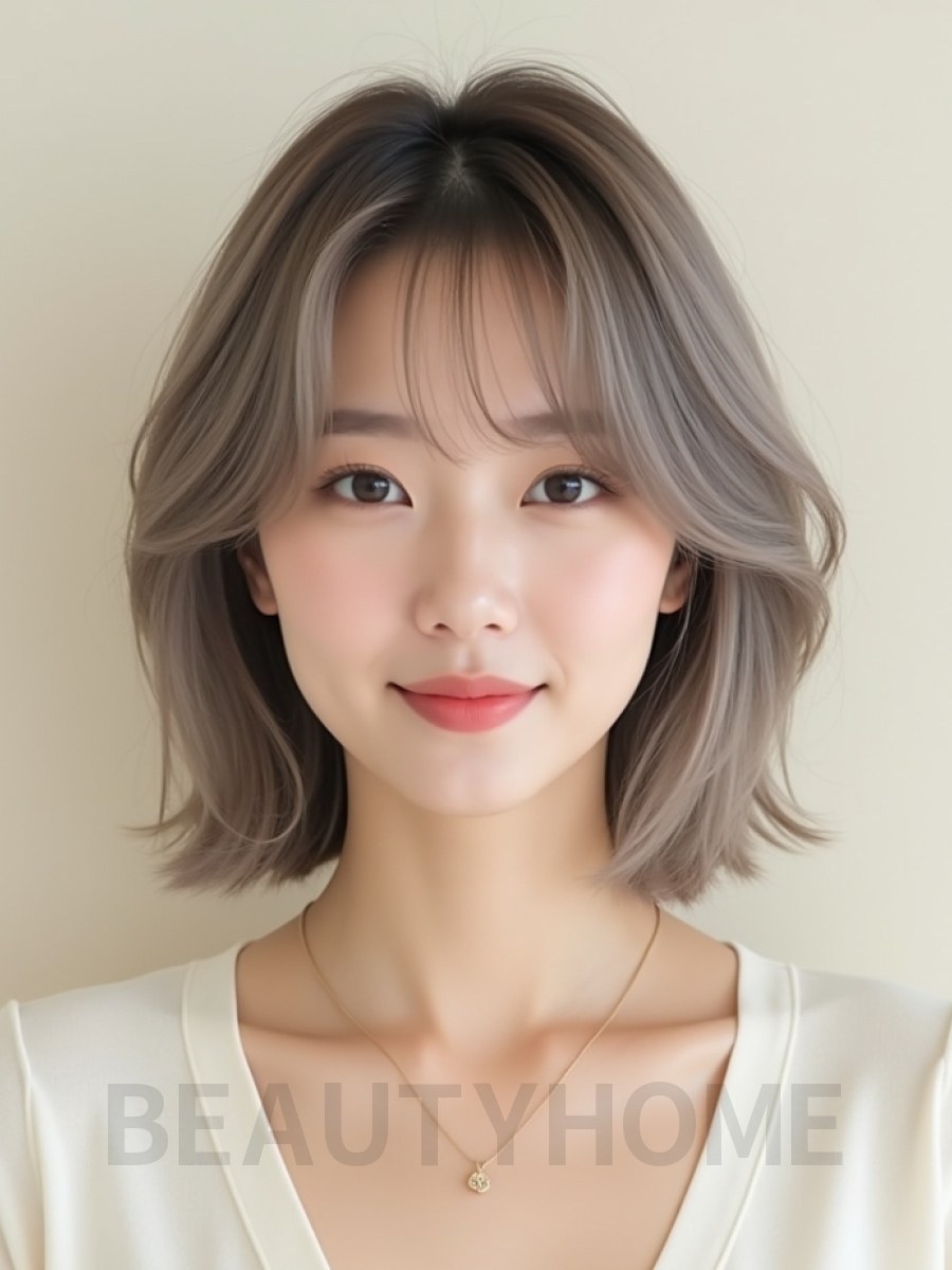애쉬 브라운 쇄골 비대칭 단발+시스루뱅