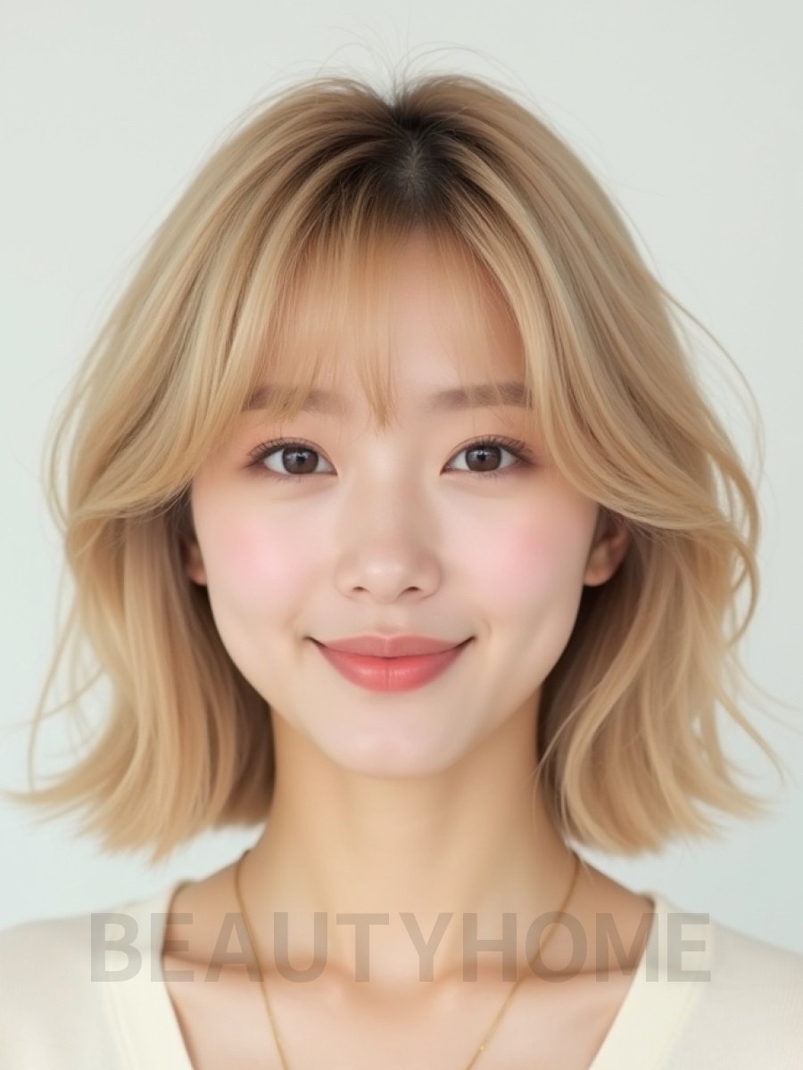 샌드 블론드 귀밑 스트레이트 단발+커튼뱅