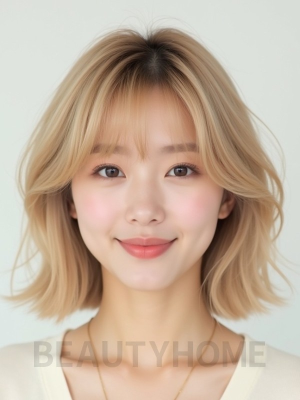 샌드 블론드 귀밑 스트레이트 단발+커튼뱅