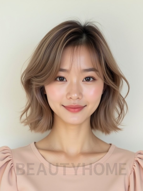 베이지 브라운 귀밑 웨이브 단발