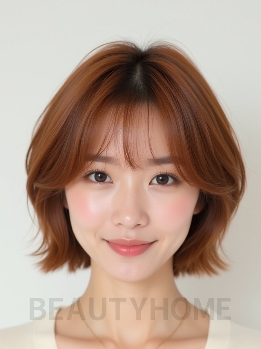 베이지 브라운 쇄골 텍스처 단발+커튼뱅