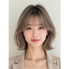 토프 브라운 턱밑 비대칭 단발+시스루뱅