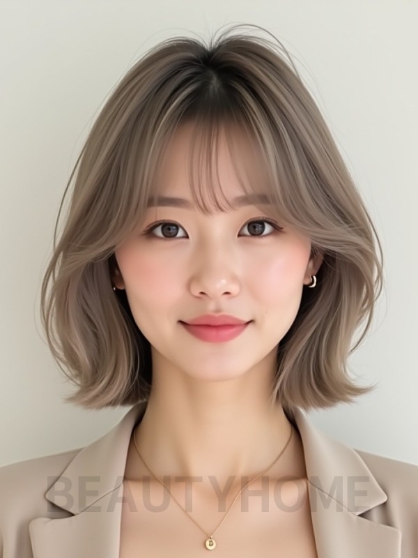 토프 브라운 턱밑 비대칭 단발+시스루뱅