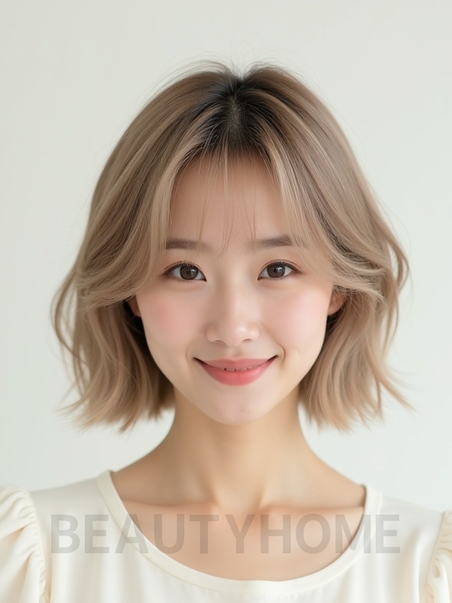 턱밑 웨이브 단발+시스루뱅